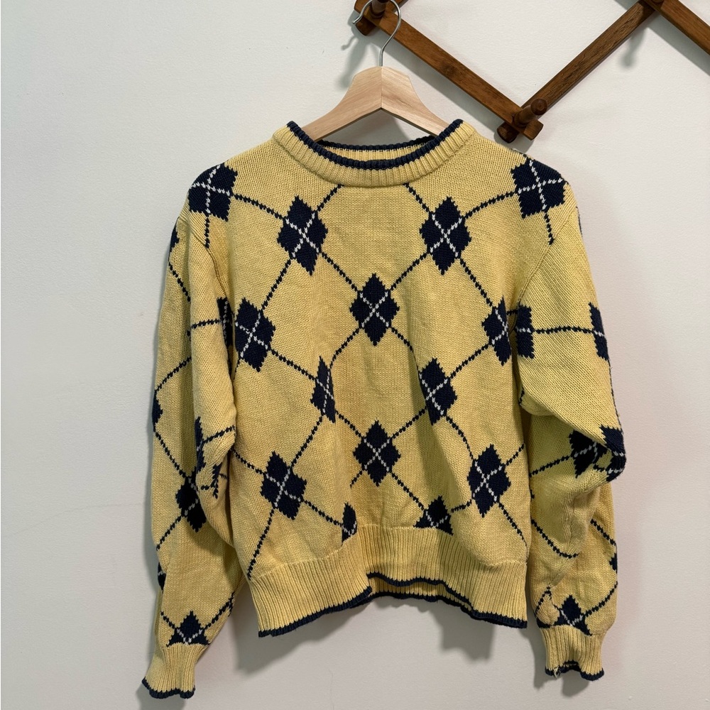 100% COTTON Yellow Argyle Knit Sweater - Classic Crewneck